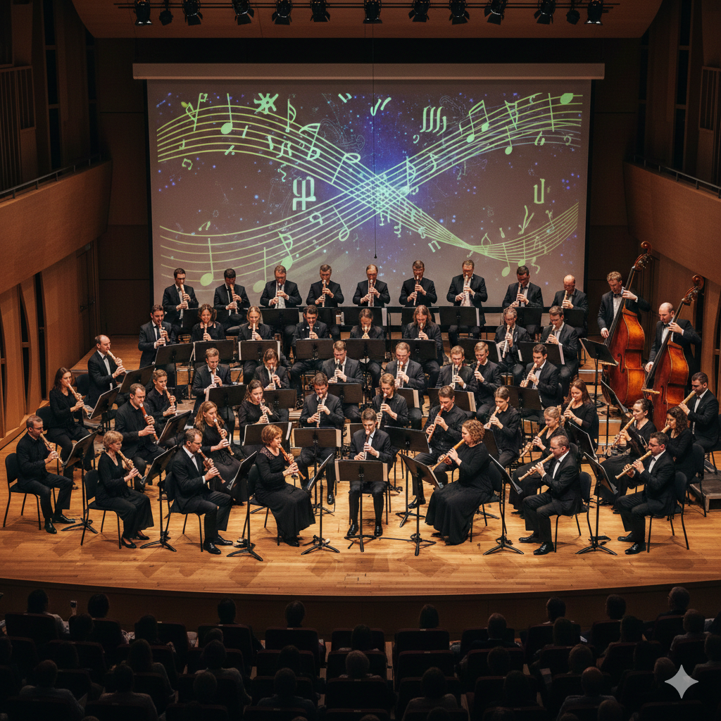 AI gegenereerd plaatje van een blokfluit concert